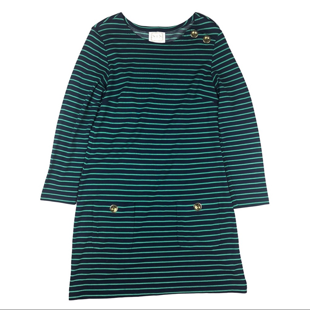 Sail to Sable navy & green striped nautical dress gold button details size m